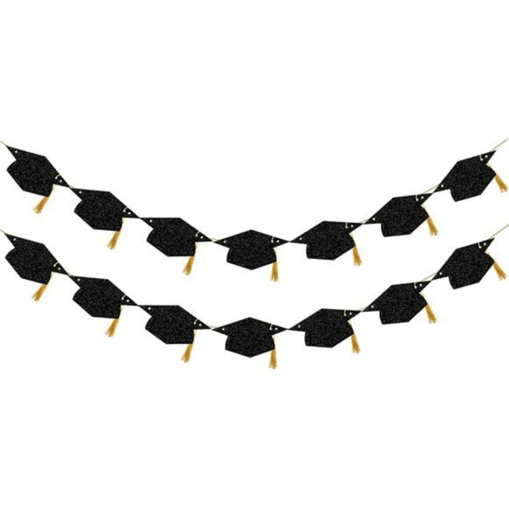 Class of 2025 Graduation Banner Black Gold Glitter Party Decor with Tassels